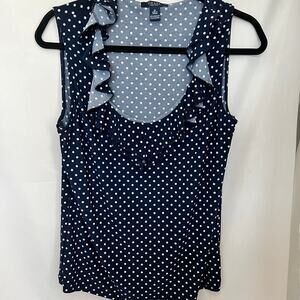 Chaps women’s size medium top navy white polka dot ruffle sleeveless blouse
